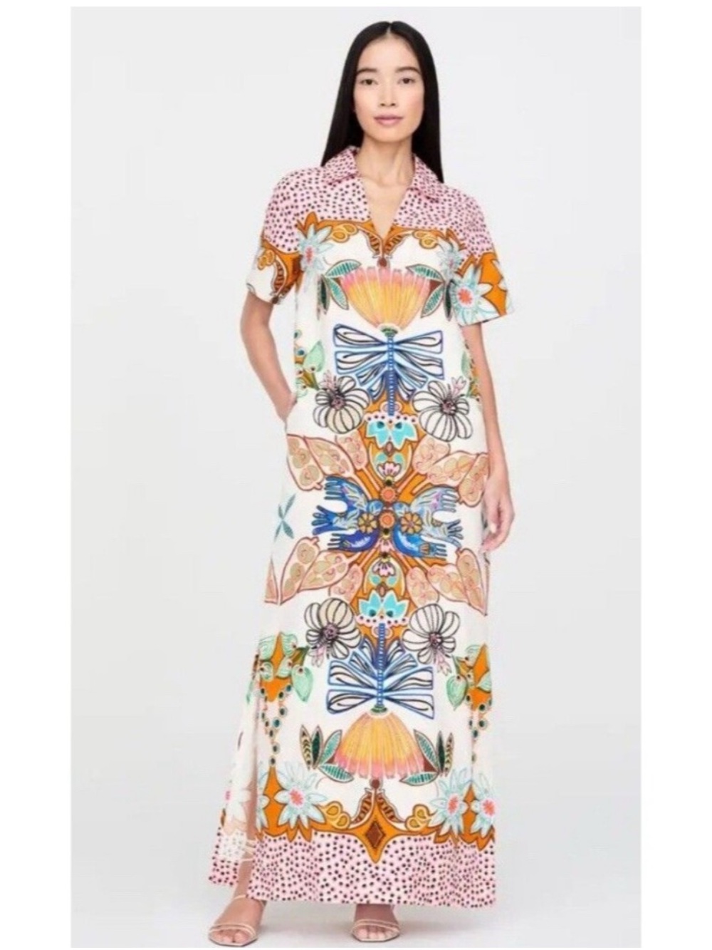 Marie Oliver White Maxi Dress with Orange, Blue and Pink Floral Print